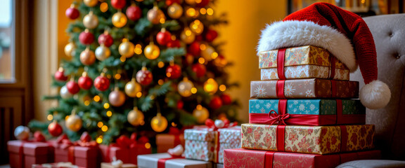 Christmas gifts and Santa hat by the tree
