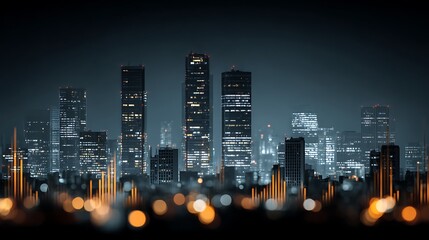 Modern Night City Skyline with Tall Skyscrapers Illuminated in Urban Setting