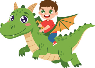 Cartoon Smiling Boy Riding on a Cute Green Dragon Illustration