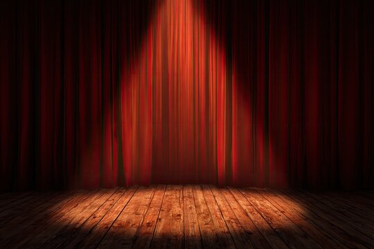 Theater stage with red curtains and a wooden floor lit by a single spotlight