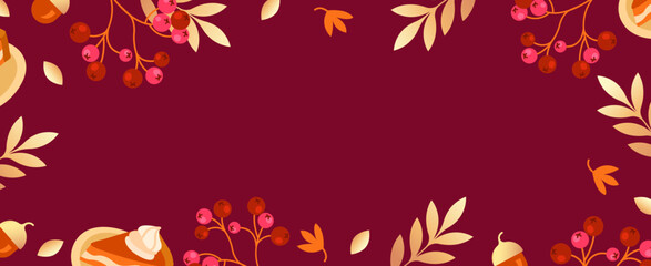 Autumn background frame with cake, leaves and berries in vector, flat style.