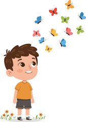 Cartoon Cheerful Boy Looking at Colorful Butterflies in Meadow Illustration