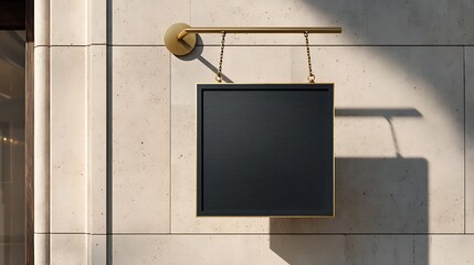 Modern Square Black Chalkboard Sign Hanging on Beige Wall with Gold Mounting Bracket