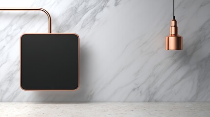 Modern Square Wireless Charger and Copper Pendant Light on Marble Wall