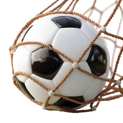 Soccer Ball in Net: Close Up of Black and White Ball with Tan Rope Netting
