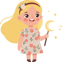 Cute Cartoon Little Girl Holding Moon Wand with Flower Decoration