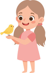Cute Cartoon Girl Holding Small Yellow Bird Pet Illustration