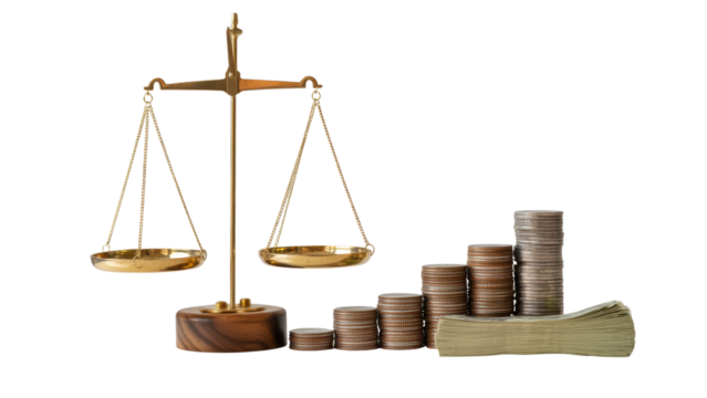 Balance Scale and Coins Symbol of Justice Finance Law Investment Wealth
