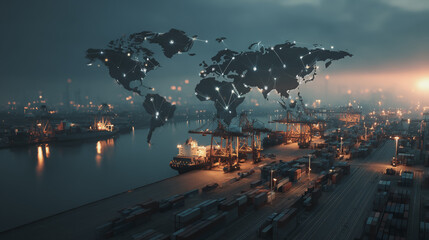 Fototapeta premium Double exposure of Twilight view of Container truck in ship port for business Logistics and transportation of Container Cargo ship and Cargo plane with working crane bridge with Earth and world map