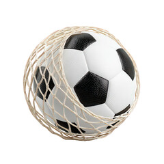Soccer Ball in Net, White and Black Leather, Gold Mesh, Transparent Background