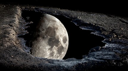 Moon Reflection in Cratered Surface with Dark Sky and Rough Terrain