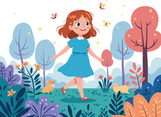 Cute Cartoon Walking Girl with Animals in Nature Illustration
