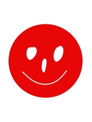 red smiley face, simple drawing, on white background.