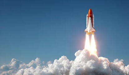 Space Shuttle Launching Against Clear Blue Sky Above White Fluffy Clouds Displaying Burning Exhaust