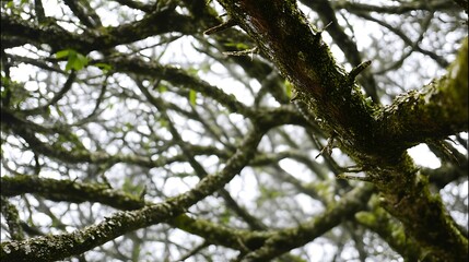 Moss-covered Tree Branches in Forest with Overcast Sky