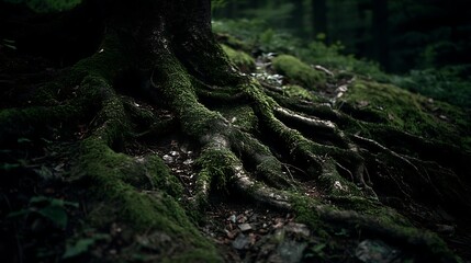 Moss-covered Tree Roots in Dense Forest with Low Light