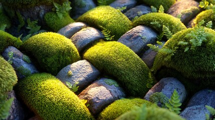 Moss-covered Stones in Natural Garden Setting with Lush Greenery and Soft Sunlight
