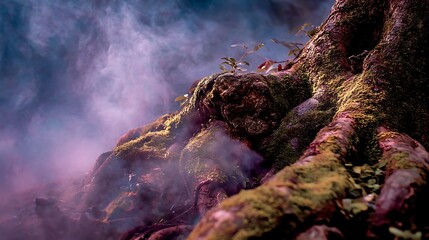 Mossy Tree Root with Purple Mist in Forest Scene