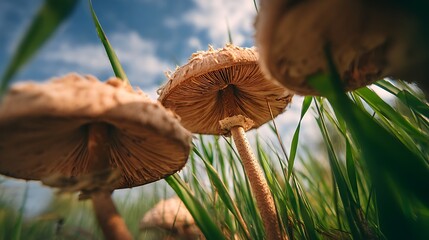 Mushrooms Growing in Green Grass Under Blue Sky Natural Environment