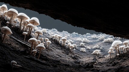 Mushrooms Growing in Cave Interior with Dark Cliff Overhead and Soft Lighting