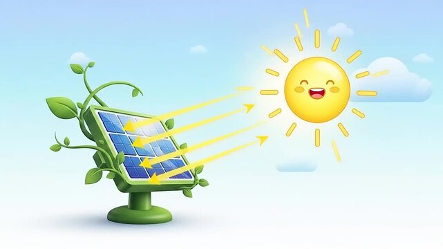 Cute cartoon solar panel with happy sun illustration.