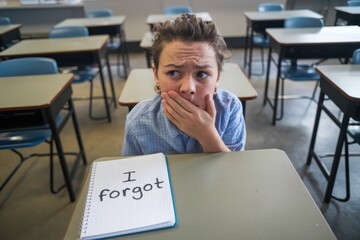 Obraz premium Struggle learning new skills concept. A student looks anxious while realizing a forgotten task in a classroom setting.