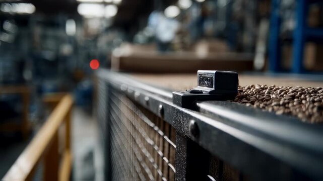 Focused medium shot on a robust storage bin filled with seeds capturing texture and lock mechanism while rest of facility fades softly out of focus.