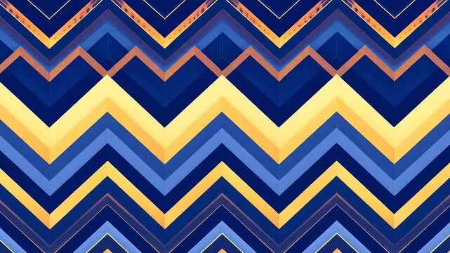 A symmetrical background of three-dimensional blue and gold chevron stripes creating a vibrant pattern