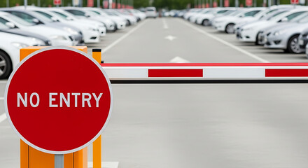 A closed automatic boom barrier with a red circular 'No Entry' sign restricts access to a car park
