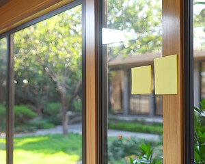 Two yellow sticky notes attached on the wooden window frame with garden view
