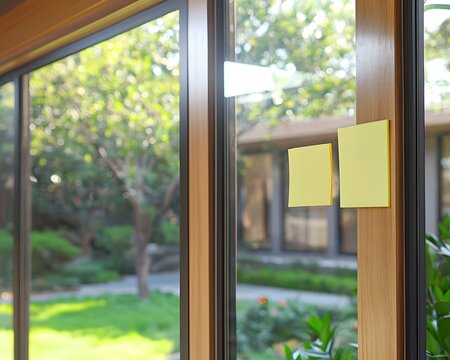 Two yellow sticky notes attached on the wooden window frame with garden view