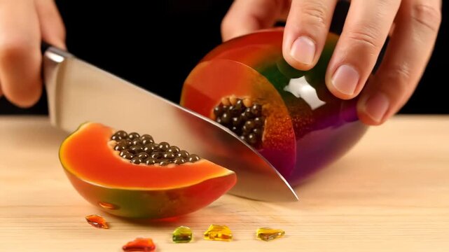 Hand cutting glossy, colorful rainbow jelly dessert shaped like a mango on a light wooden chopping board, highlighting vibrant gastronomy and sweet treat preparation