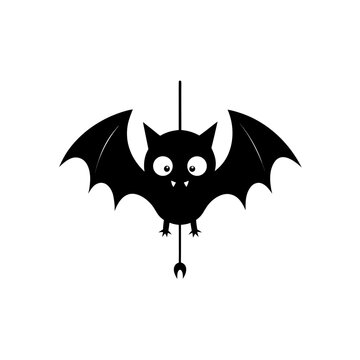 Cartoon bat hanging upside down with large eyes and small fangs on a white background illustration on transparent background silhouette