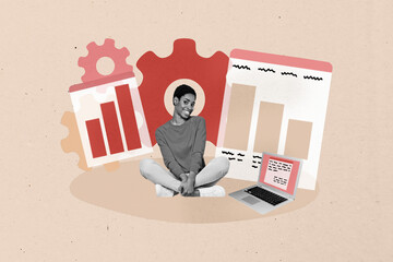 Image poster trend collage of happy businesswoman businessman stand chart development gearwheel...