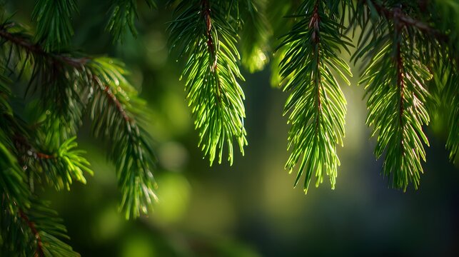 Evergreen tree branches hang gracefully, showcasing vibrant green needles illuminated by soft sunlight with a blurred natural background. - Powered by Adobe