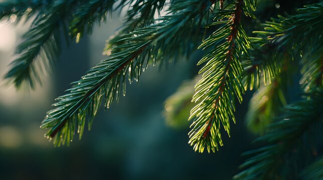 Detailed  depicts vibrant evergreen foliage with intricate needles and delicate water droplets glistening in the soft, diffused sunlight, creating a tranquil scene with a serene atmosphere.