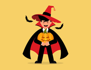 Happy Halloween. Man in a classic Count Dracula Halloween costume holding big orange pumpkin with carved scary face.