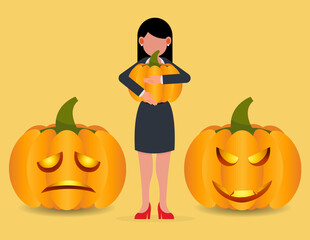 Happy Halloween. The cheerful young woman is holding a pumpkin in her hands getting ready for Halloween.