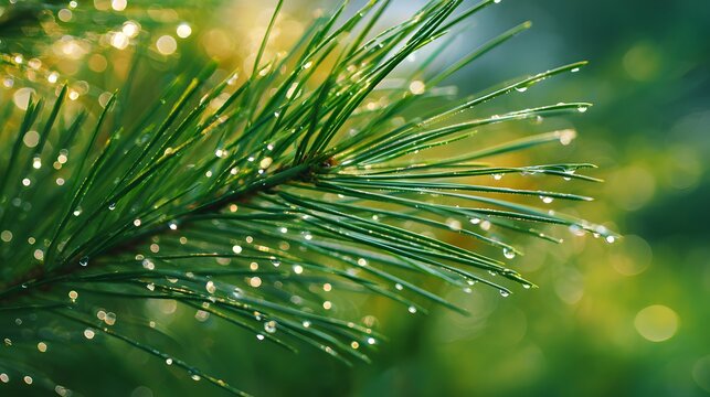 Captivating macro photograph showcases a pine branch with glistening water droplets, illuminating vibrant green needles against a blurred, golden-tinged backdrop.