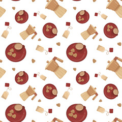 Seamless pattern with coffee cups, moka pots, and small cozy details. Perfect design for backgrounds, packaging, or cafe-themed products.