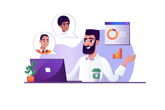 Man in Video Conference with Coworkers on Laptop with Transparent Background