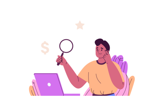 Man in Yellow Shirt Searching Online with Magnifying Glass at Laptop with Transparent Background Illustration for Career Opportunities