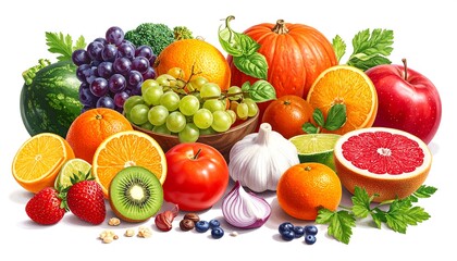 Colorful and Fresh Fruits and Vegetables Arrangement with White Background