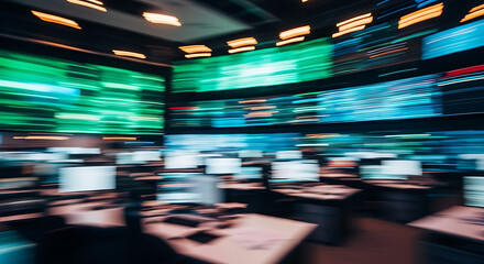 Obraz premium Command Center's Technological Dance: A dynamic internal perspective captures the vibrant intensity of a command center.