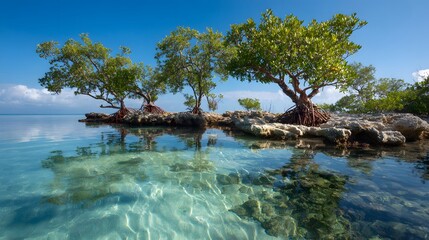 Fototapeta premium Scenic landscape captures vibrant trees with lush green foliage emerging from a rocky islet, their roots exposed, reflected beautifully in the clear, turquoise water under a bright blue, cloud-dotted.