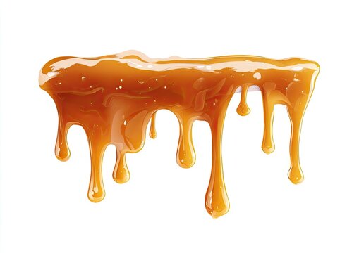 Caramel sauce dripping down, close-up against white background