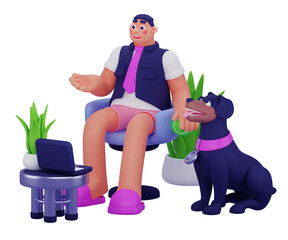 Man in Vest Sitting on Chair Working on Laptop with Dog and Plants on Transparent Background 3D Rendered