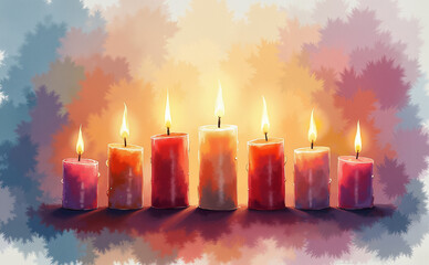 Watercolor background featuring glowing candles with a soft ambiance and copy space