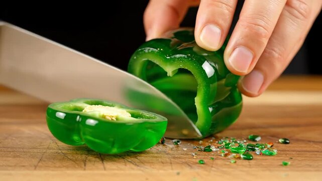 Hand holding a sharp knife about to slice a shiny green gelatin dessert shaped like a bell pepper on a rustic wooden cutting board, creating a playful optical illusion