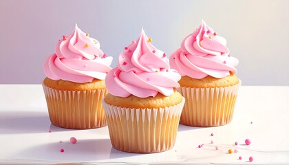 Delicious cupcakes with pink frosting and sprinkles on a white surface